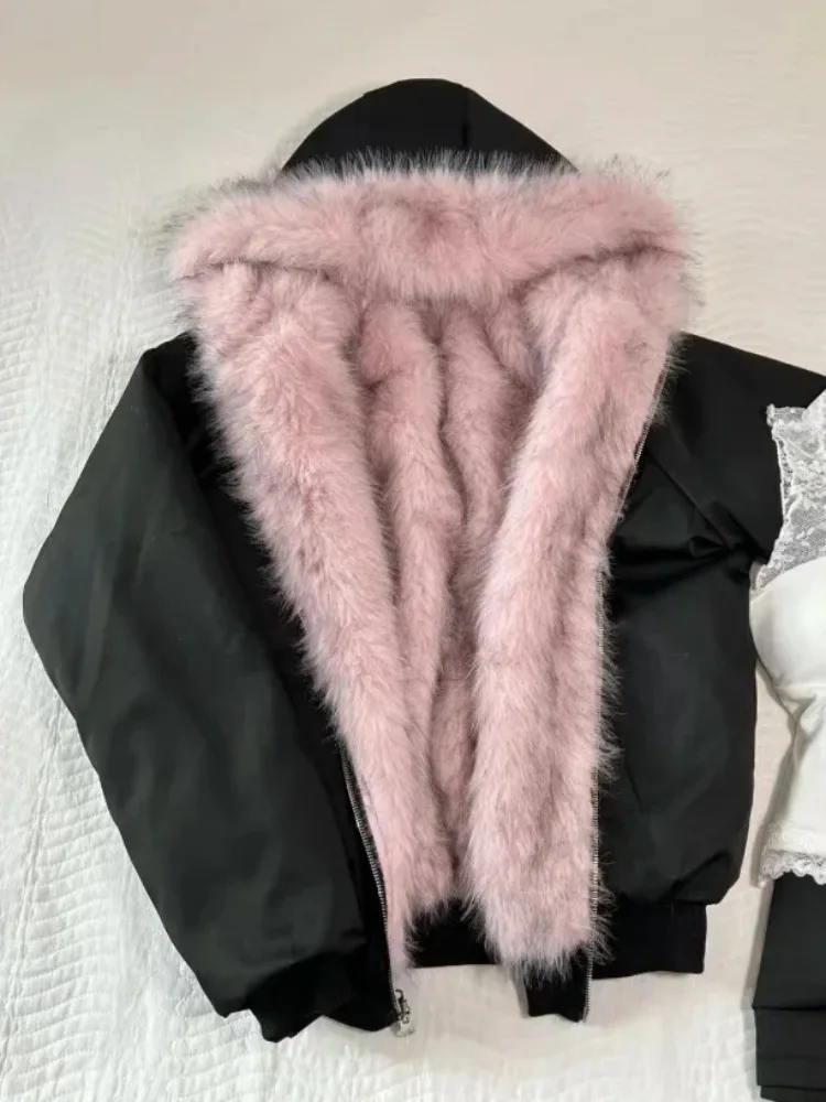 Street Fashion Korean Girl - Manteau patchwork de fourrure vintage américain